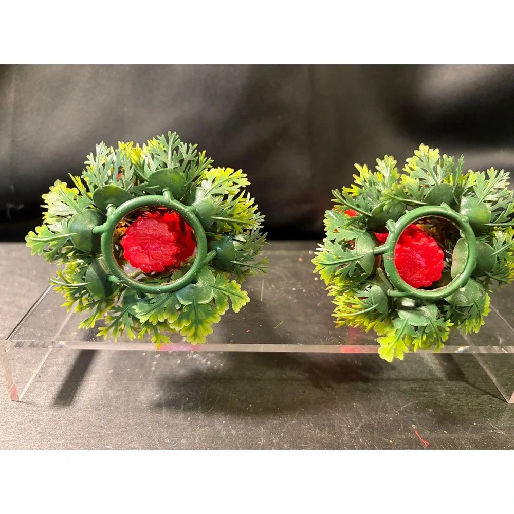 Vintage Red Spiral Taper Candles with Faux Greenery Berry Wreath Rings Set of 2